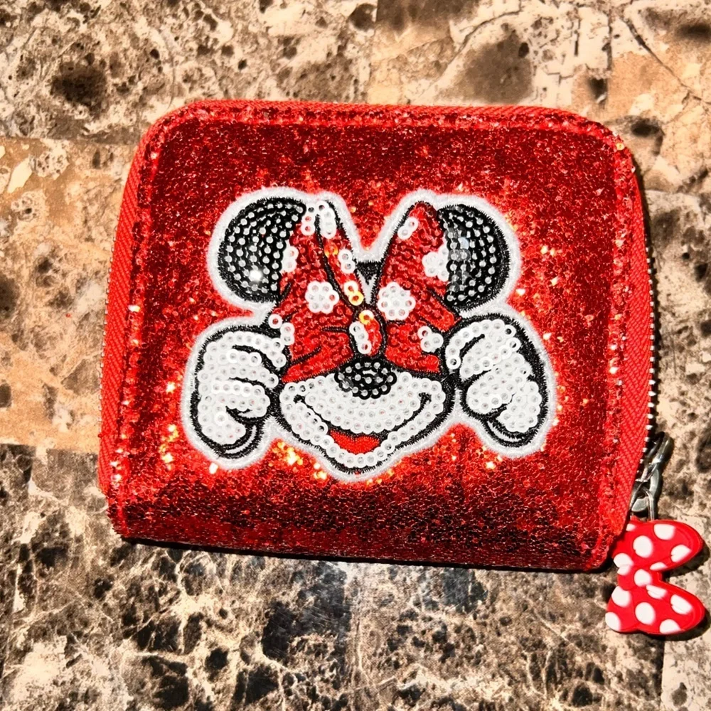 Disney Minnie Mouse Red Sequin Wallet with Cartoon Character EUC